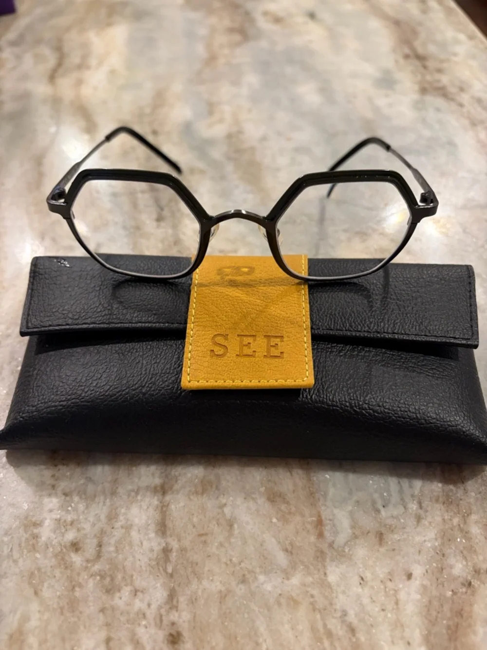 SEE Black Hexagon Women's Glasses Frame with branded case